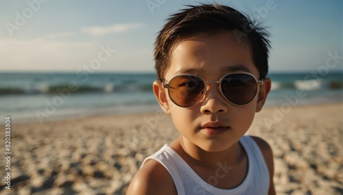 handsome asian kid boy portrait on summer beach vacation with sunglasses and bright sunshine from Generative AI