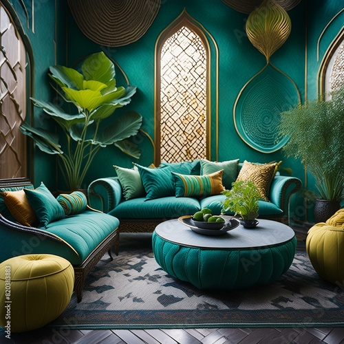 opium den style living room, modern stylish, orientalist, exotic, moody, maximalist patterns