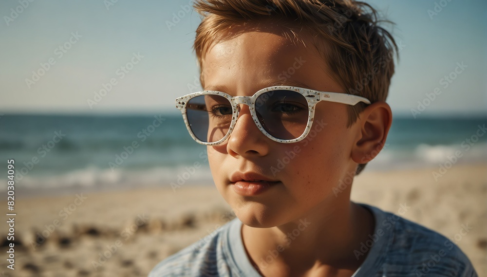 handsome kid boy portrait on summer beach vacation with sunglasses and bright sunshine from Generative AI handsome kid boy portrait on summer beach vacation with sunglasses and bright sunshine from Generative AI