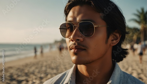 handsome indonesian guy portrait on summer beach vacation with sunglasses and bright sunshine from Generative AI