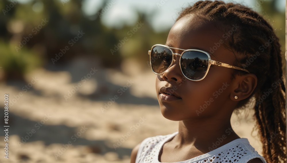 beautiful african kid girl portrait on summer beach vacation with sunglasses and bright sunshine from Generative AI beautiful african kid girl portrait on summer beach vacation with sunglasses and bright sunshine from Generative AI