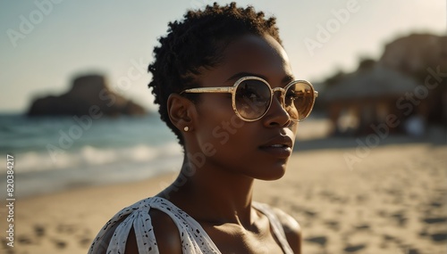 beautiful african woman portrait on summer beach vacation with sunglasses and bright sunshine from Generative AI