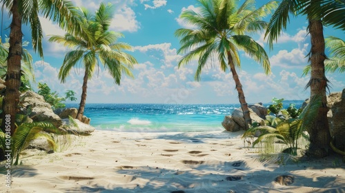 Beautiful Tropical Beach With A Blue Sky And White Sand  High Quality