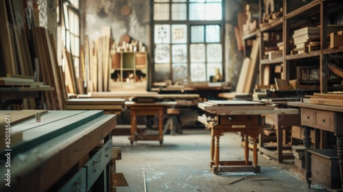 Old woodworking shop with various tools on shelves for artisan crafts and business use © SHOTPRIME STUDIO