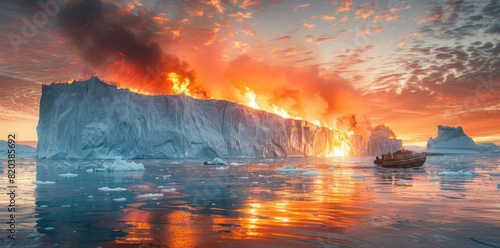 Iceberg on fire, global warming concept, ice shelf burning in the background with small boat, high resolution photograph. photo