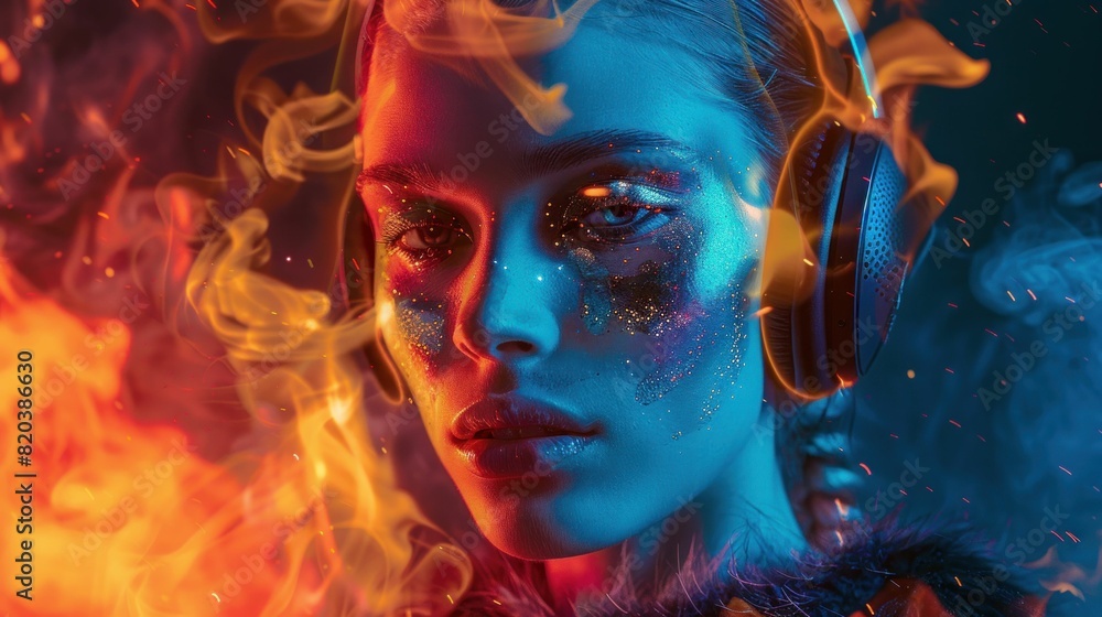 Fiery beauty woman listening to music with flames emitting from ears in artistic image for fashion and entertainment concept