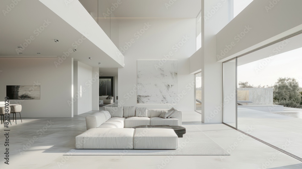 A luxurious modern house in classic American style, with white walls, marble floors and natural lighting from large glass windows.