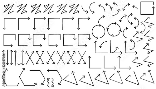 Hand drawn arrow icons collection of scribble doodle arrow elements, shapes, lines, pointing mark.
