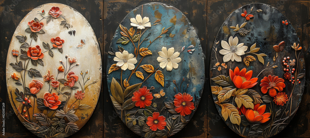 Fototapeta premium panel wall art, wall decoration, marble background with flowers designs