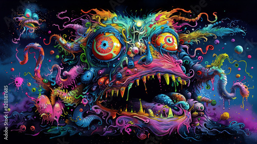 Colorful monster heads frazzled with hearts and eyes, in surrealism chaotic composition style, Colorful Monster Hand Drawn Art. surrealism
