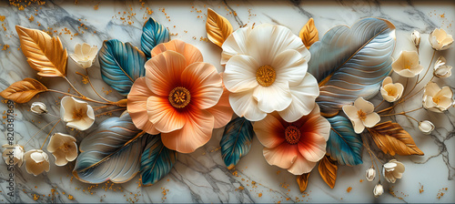 panel wall art, wall decoration, marble background with flowers designs