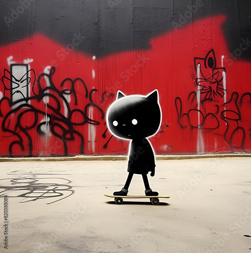 A little cat playing skate and wearing a hoodi photo