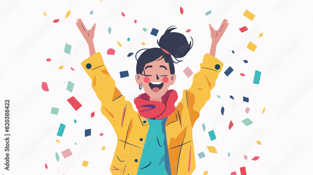 extremely happy surprised girl winner of lottery raffle contest full of joy jumping in air smiling accepting triumph wearing yellow jacket red scarf 2.5d