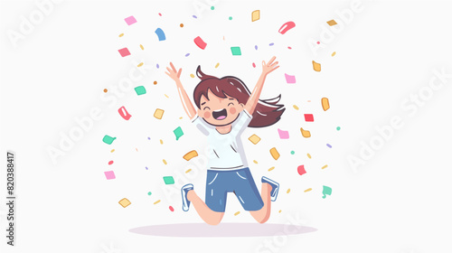 extremely happy surprised girl winner of lottery raffle contest full of joy jumping in air smiling accepting triumph wearing shoes blue jeans blue shirt white 2.5d