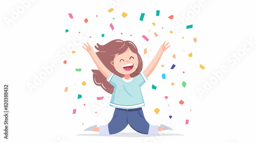 extremely happy surprised girl winner of lottery raffle contest full of joy jumping in air smiling accepting triumph wearing green white dark blue jeans 2.5d