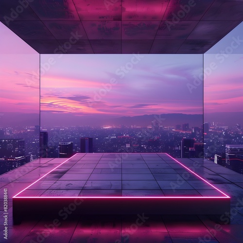 Minimalist and Modern Deconstructivist Architecture: An Isolated Platform Overlooking a Futuristic Neon-Lit Cityscape photo