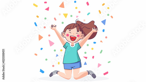 extremely happy surprised girl winner of lottery raffle contest full of joy jumping in air smiling accepting triumph wearing green shirt blue shorts blue white stripe shoes 2.5d
