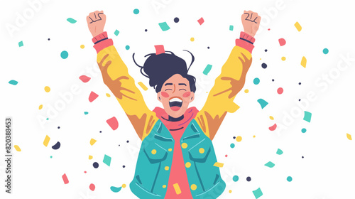 extremely happy surprised girl winner of lottery raffle contest full of joy jumping in air smiling accepting triumph wearing yellow blue jacket pink shirt 2.5d