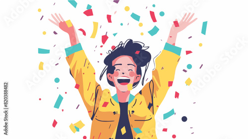 extremely happy surprised girl winner of lottery raffle contest full of joy jumping in air smiling accepting triumph wearing yellow jacket short black hair 2.5d