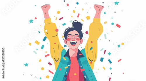 extremely happy surprised girl winner of lottery raffle contest full of joy jumping in air smiling accepting triumph wearing yellow blue jacket red shirt black hair 2.5d