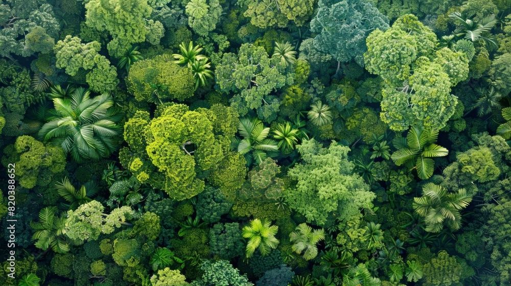 Naklejka premium Aerial Top View Of A Forest Tree In The Rainforest, Showcasing The Lush And Vibrant Greenery, High Quality