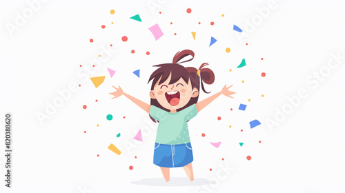 extremely happy surprised girl winner of lottery raffle contest full of joy jumping in air smiling accepting triumph wearing blue shorts green shirt 2.5d