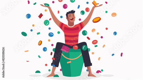 extremely happy surprised guy winner of lottery raffle contest full of joy jumping in air smiling accepting triumph wearing red stipe shirt 2.5d