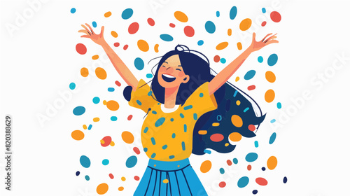 extremely happy surprised girl winner of lottery raffle contest full of joy jumping in air smiling accepting triumph wearing yellow top blue skirt 2.5d