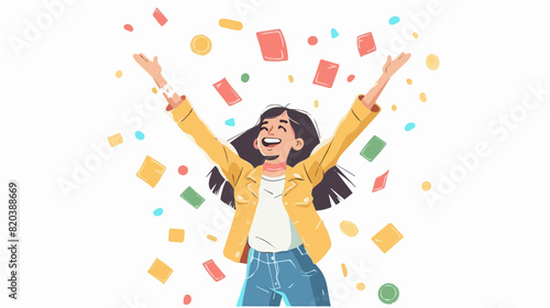 extremely happy surprised girl winner of lottery raffle contest full of joy jumping in air smiling accepting triumph wearing yellow jacket 2.5d