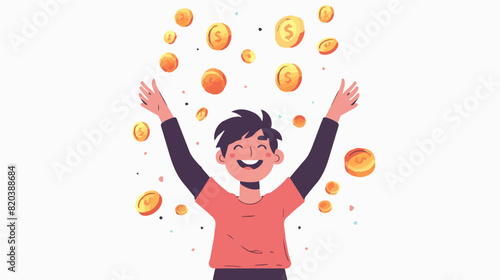 extremely happy surprised guy winner of lottery raffle contest full of joy jumping in air smiling accepting triumph wearing red shirt black sleeves 2.5d