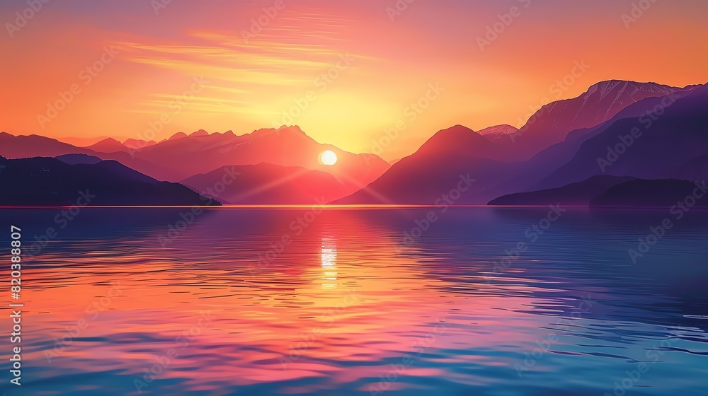 A sunset over a serene lake with mountains in the background, reflecting warm hues in the water A sunset over a serene lake with mountains in the background, reflecting warm hues in the water