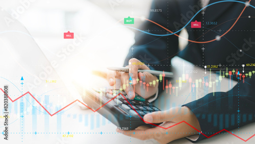 An analyst uses a computer and dashboard for data business analysis and a Data Management System with KPI and metrics connected to the database for technology finance, operations, sales, marketing