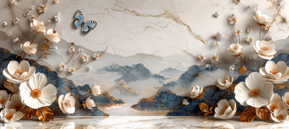 Fototapeta premium panel wall art, wall decoration, marble background with flowers designs