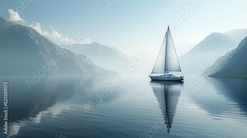 Sailboat on lake flat design front view scenic theme 3D render monochromatic color scheme