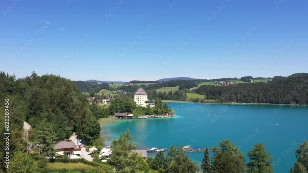 Drone flight over Fuschl Castle on Lake Fuschl, Fuschl am See, Salzkammergut, Salzburg Province, Austria, Europe Drone flight over Fuschl Castle on Lake Fuschl, Fuschl am See, Salzkammergut, Salzburg Province, Austria, Europe