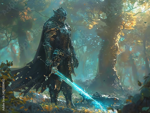 A fantasy warrior in detailed armor standing in a mystical forest  with a glowing sword and mythical creatures