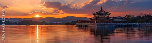 Sunset Photography Sessions Capture the magical moments of sunset at the Summer Palace with images of photographers capturing the golden hour light and reflections on Kunming Lake, or silhouettes of p