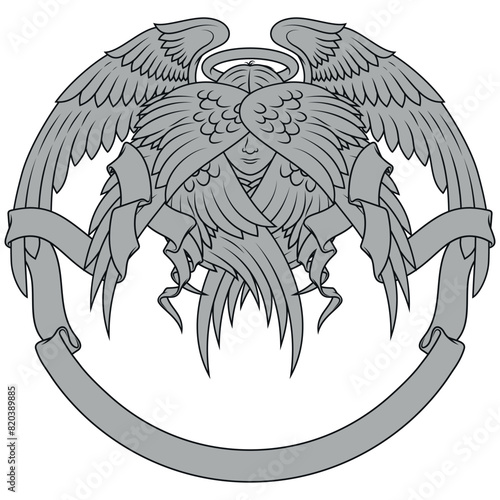 Angel with six wings and surrounded with ribbon