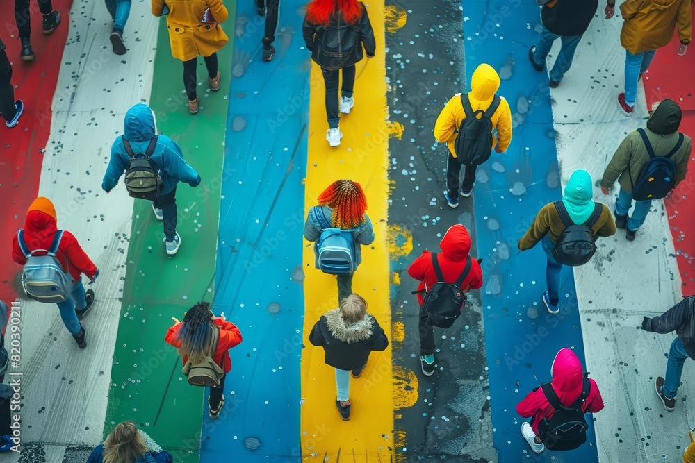 top view, young modern weirdos, lgbtqia flag, with colored hair walking on all fours, protest in