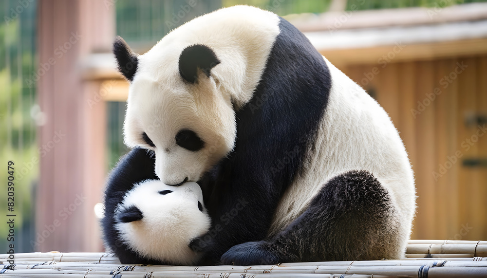 Naklejka premium Giant panda mother cuddling her baby with a tender kiss, showing deep affection in a tranquil bamboo forest
