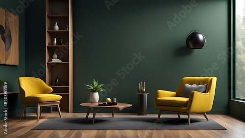 Modern wooden living room with yellow armchair against dark green wall - 3D rendering 