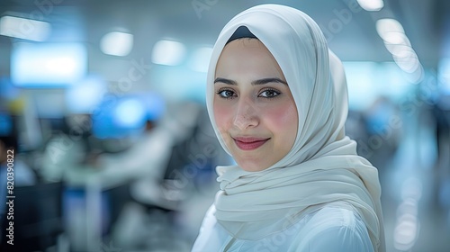 Customer service representative, exuding warmth in her hijab, expertly handled customer inquiries with a friendly disposition and proficient responses