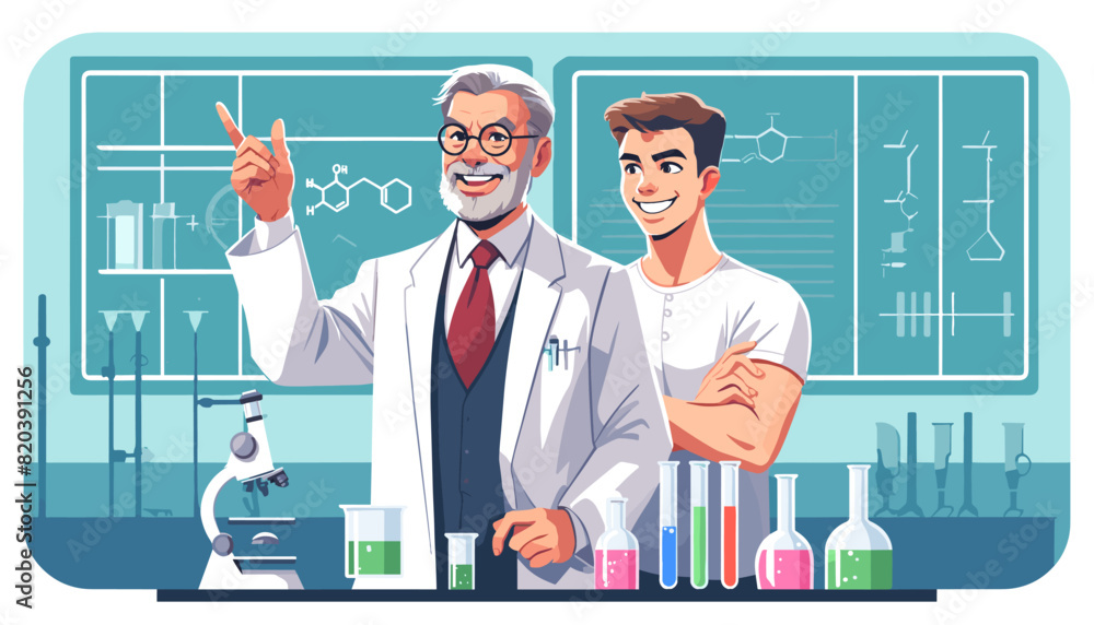 Concept of an image of a college student under the guidance of a professor in a university laboratory. Vector illustration. Concept of an image of a college student under the guidance of a professor in a university laboratory. Vector illustration.