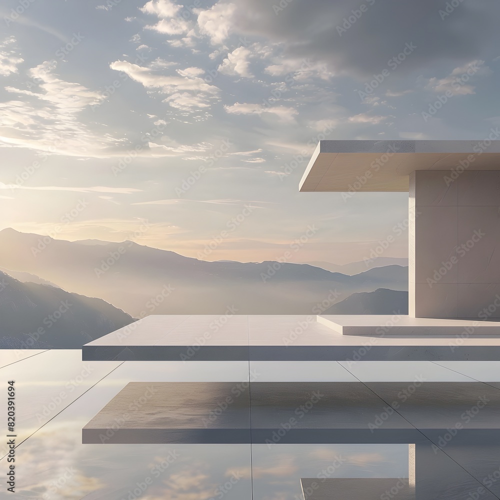 Fototapeta premium Minimalist Japanese Architecture: A Serene Platform Overlooking Vast Mountainous Skies