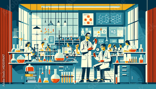 Concept of an image of a college student under the guidance of a professor in a university laboratory. Vector illustration.