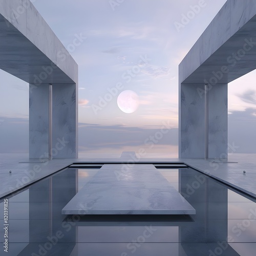 Minimalist Japanese Zen Architecture: A Futuristic Bioluminescent Arcology in a Mirrored 3D Sky photo