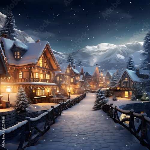 Winter village at night with snow covered houses. 3D illustration.