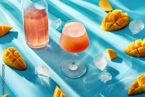 Photo of a bottle and glass with an amari Crimson Red S Komorebi cocktail, surrounded by geometric mango shapes on a blue background. photo