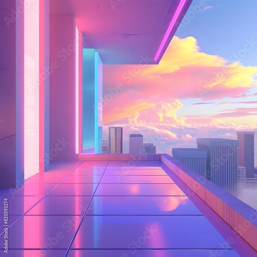 Minimalist Postmodern Architecture  A Vast Neon-Streaked Sky Overlooking a Colorful Isolated High-rise