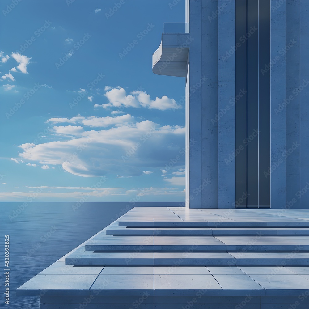 Fototapeta premium Minimalist Streamline Moderne Architecture: A Sweeping, Chrome-Trimmed High-Rise Silhouetted Against the Indigo Sky